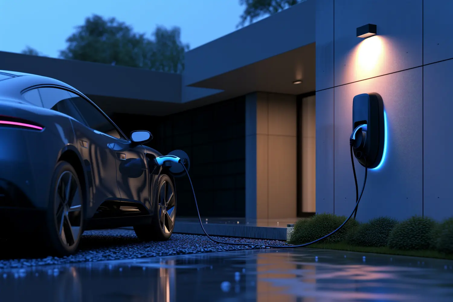 Ein typisches Elektrofahrzeug (EV-Hybridauto) wird an einer Wallbox aufgeladen
